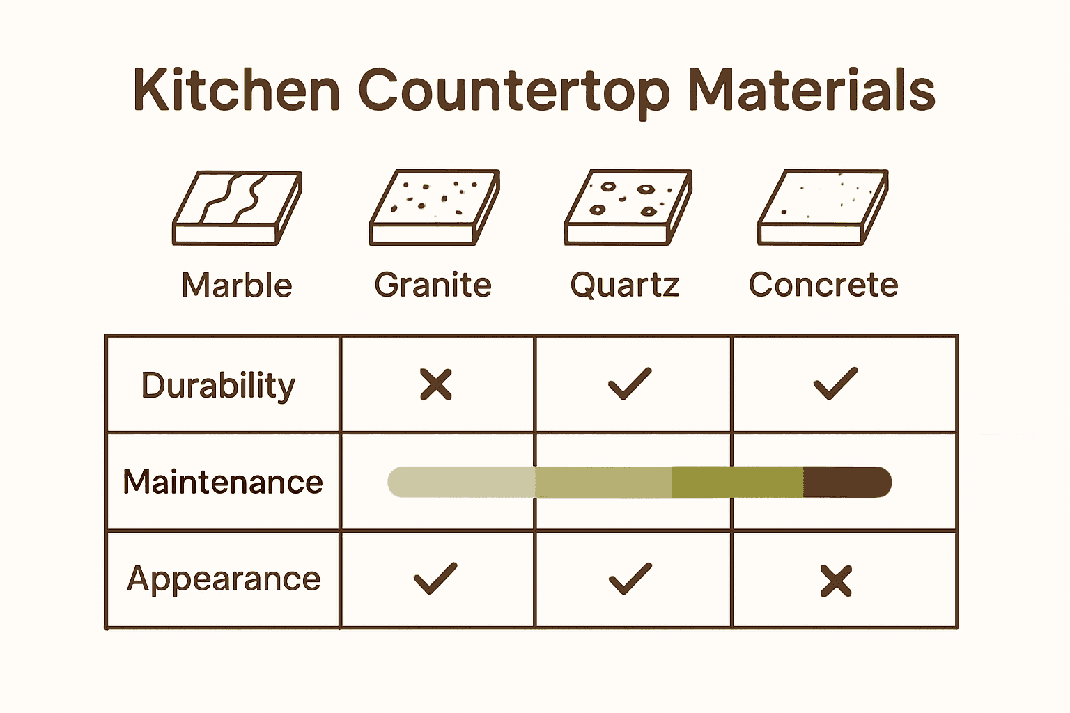 Infographic comparing marble, granite, quartz, and concrete kitchen countertops.