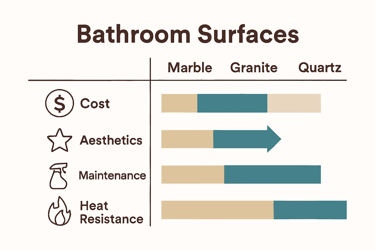 Infographic comparing marble, granite, and quartz for bathroom design.