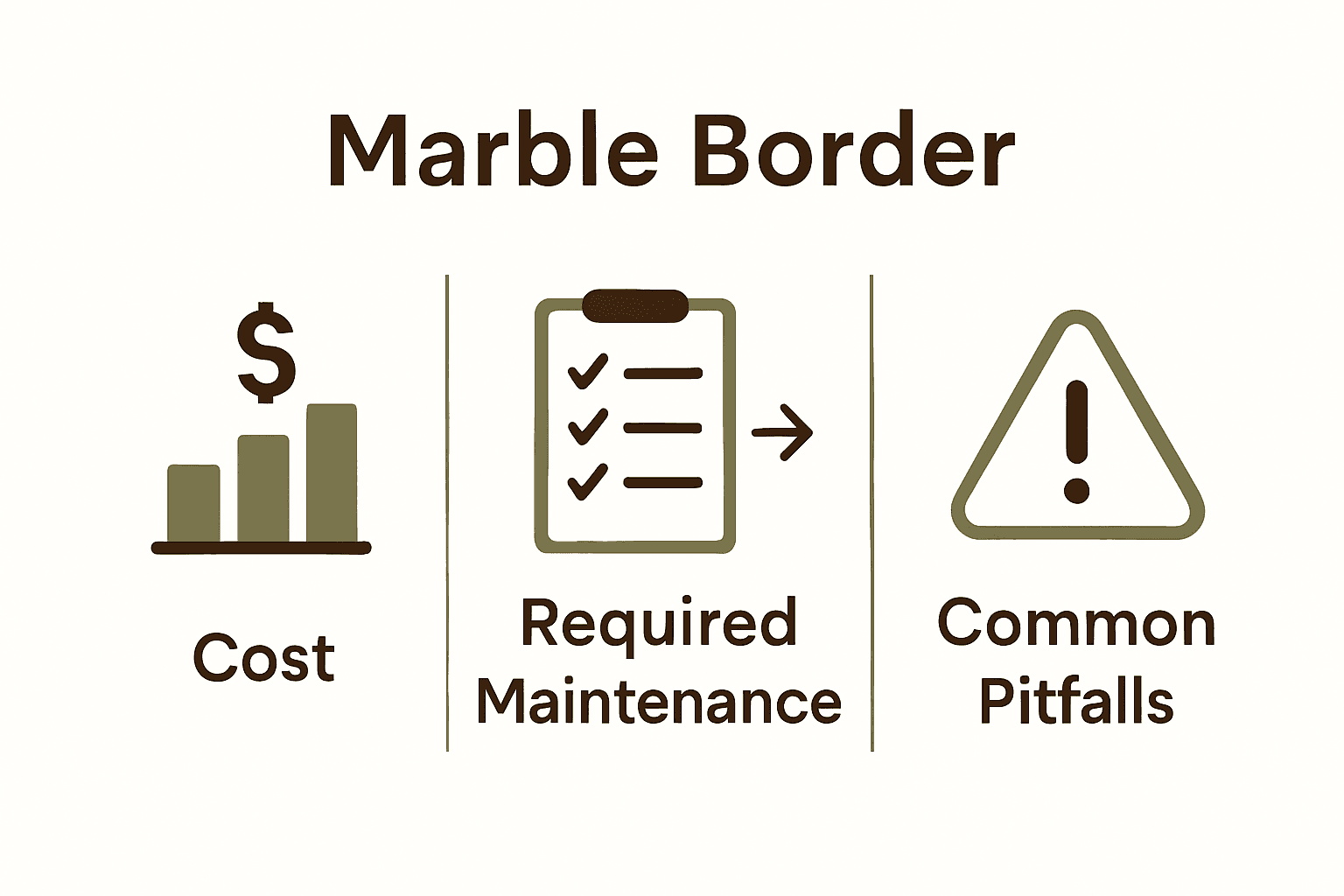 Infographic comparing costs, maintenance, and pitfalls of marble borders