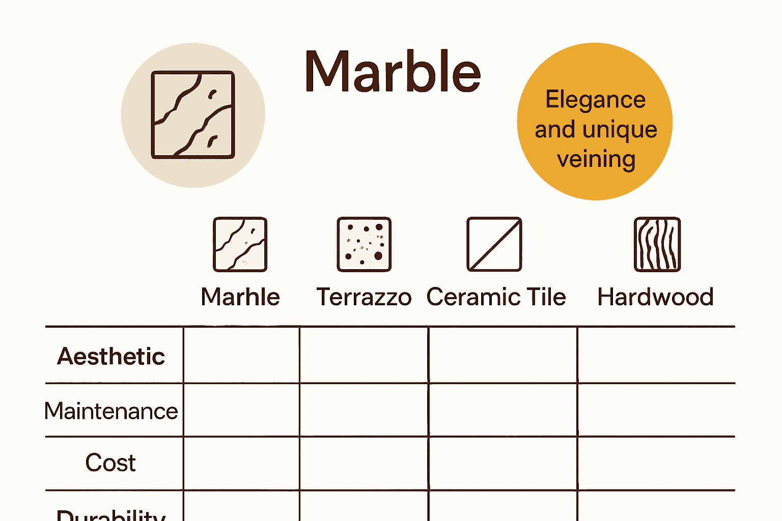 Infographic comparing marble flooring to other materials by durability, appearance, and maintenance needs.