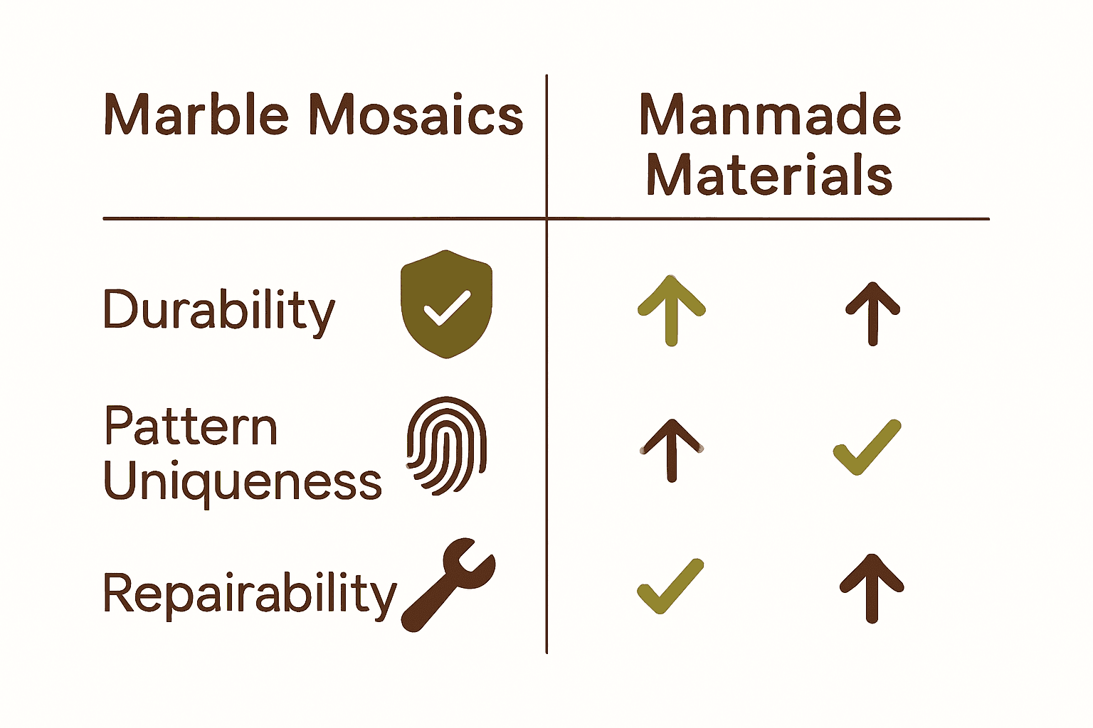 Infographic comparing marble mosaics and manmade materials on durability, pattern, and repair.