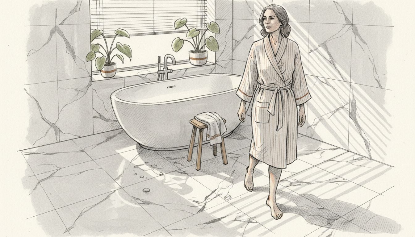 Person walking in marble-tiled bathroom
