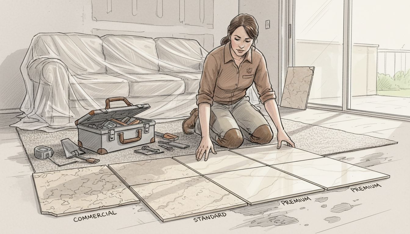 Person comparing different travertine tile grades