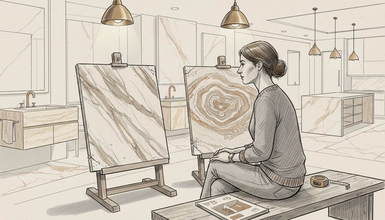 Designer comparing linear and cross-cut marble