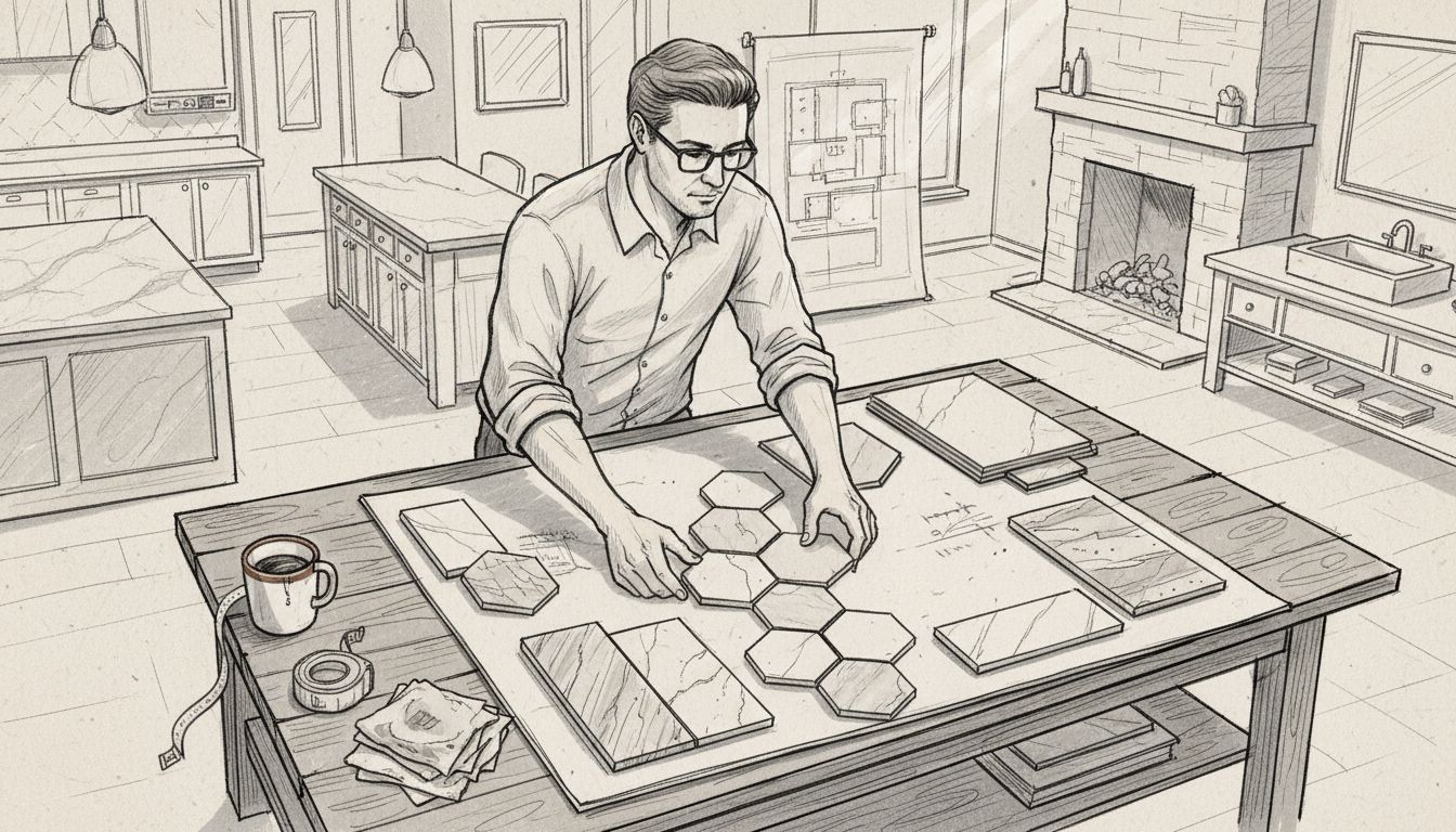 Designer arranging stone tile pattern samples