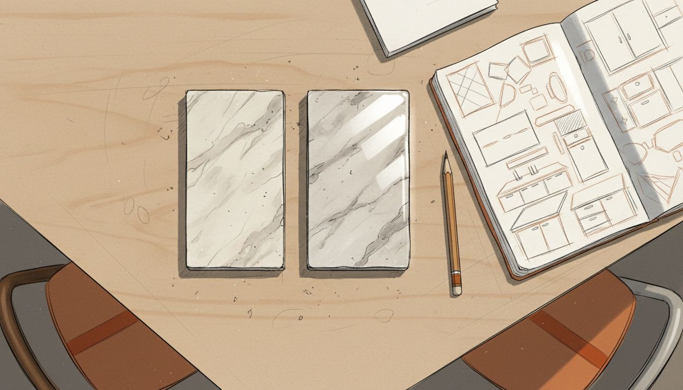 Honed marble next to polished marble sample