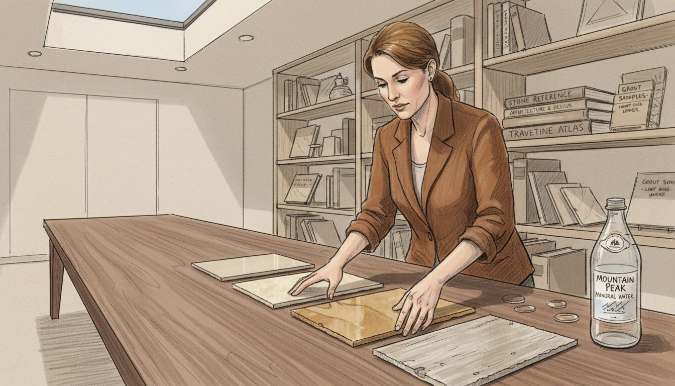 Consultant arranging travertine tile samples for display