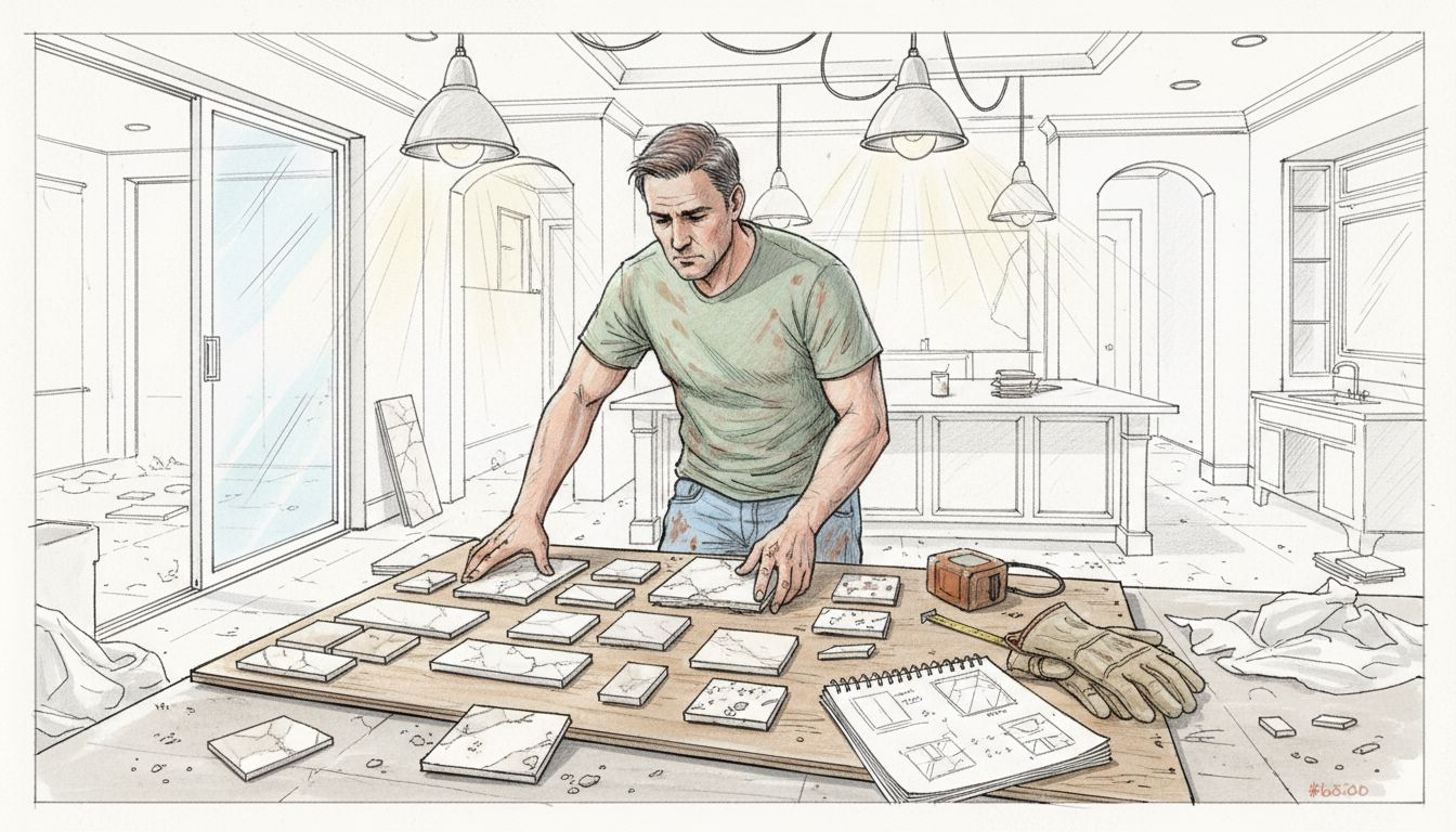 Contractor displaying marble tile size options