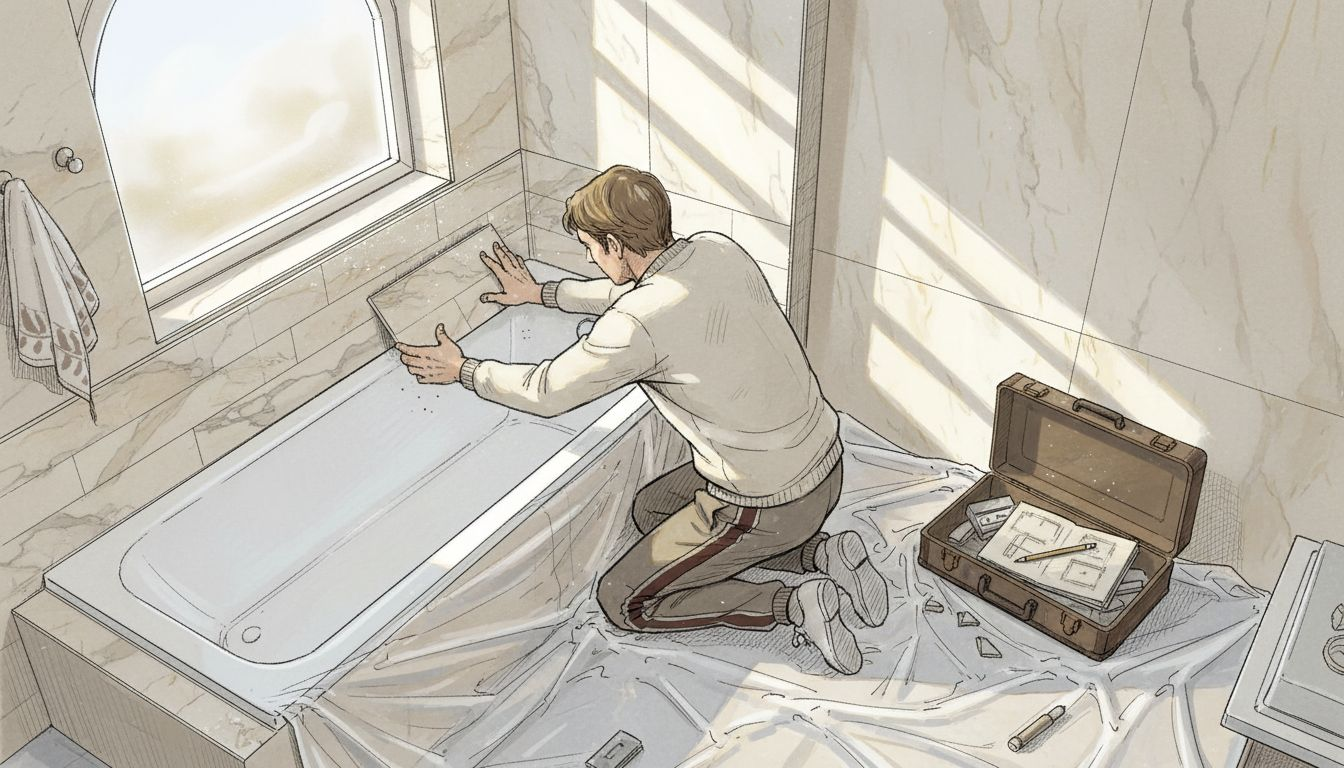 Homeowner arranging marble tiles in bathroom