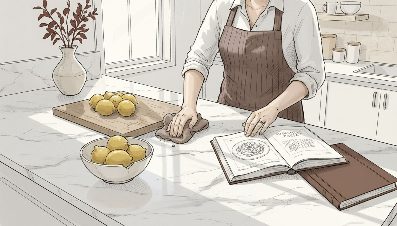 White marble countertop being cleaned