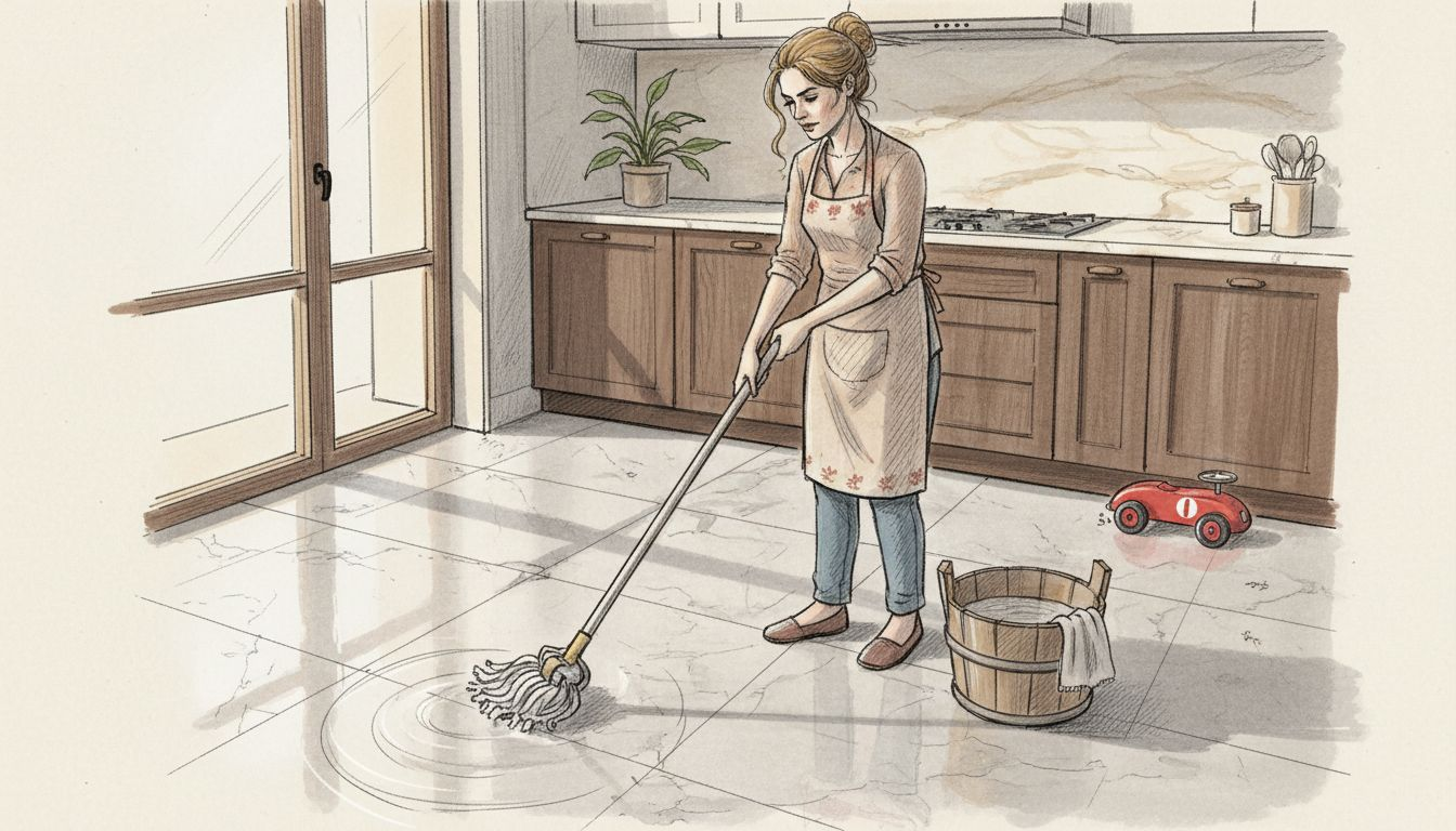 Woman gently mopping marble kitchen floor