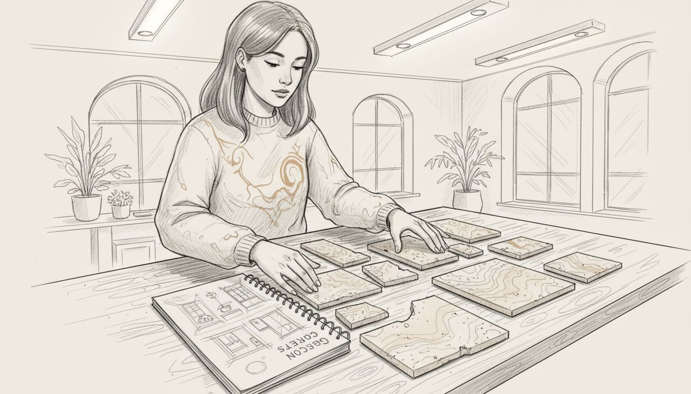 Designer arranging cross-cut travertine tiles