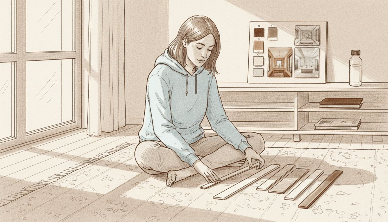 Woman choosing tile trim style at home