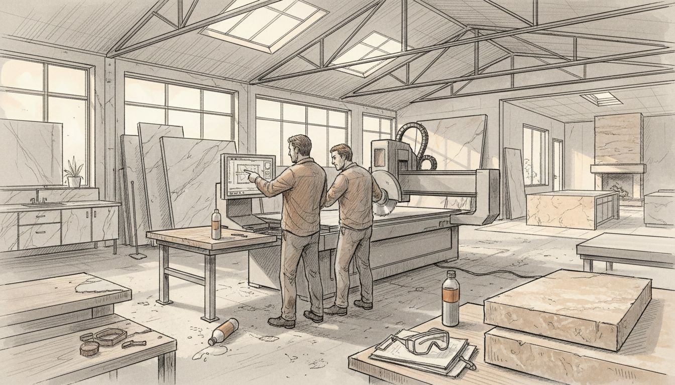Fabricators working in marble fabrication shop