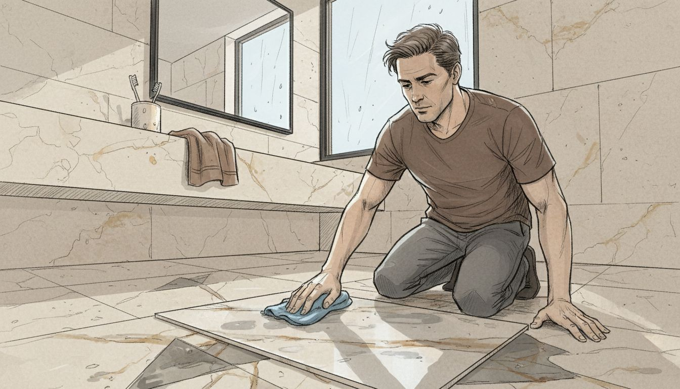 Cleaning modern bathroom with marble floor tiles