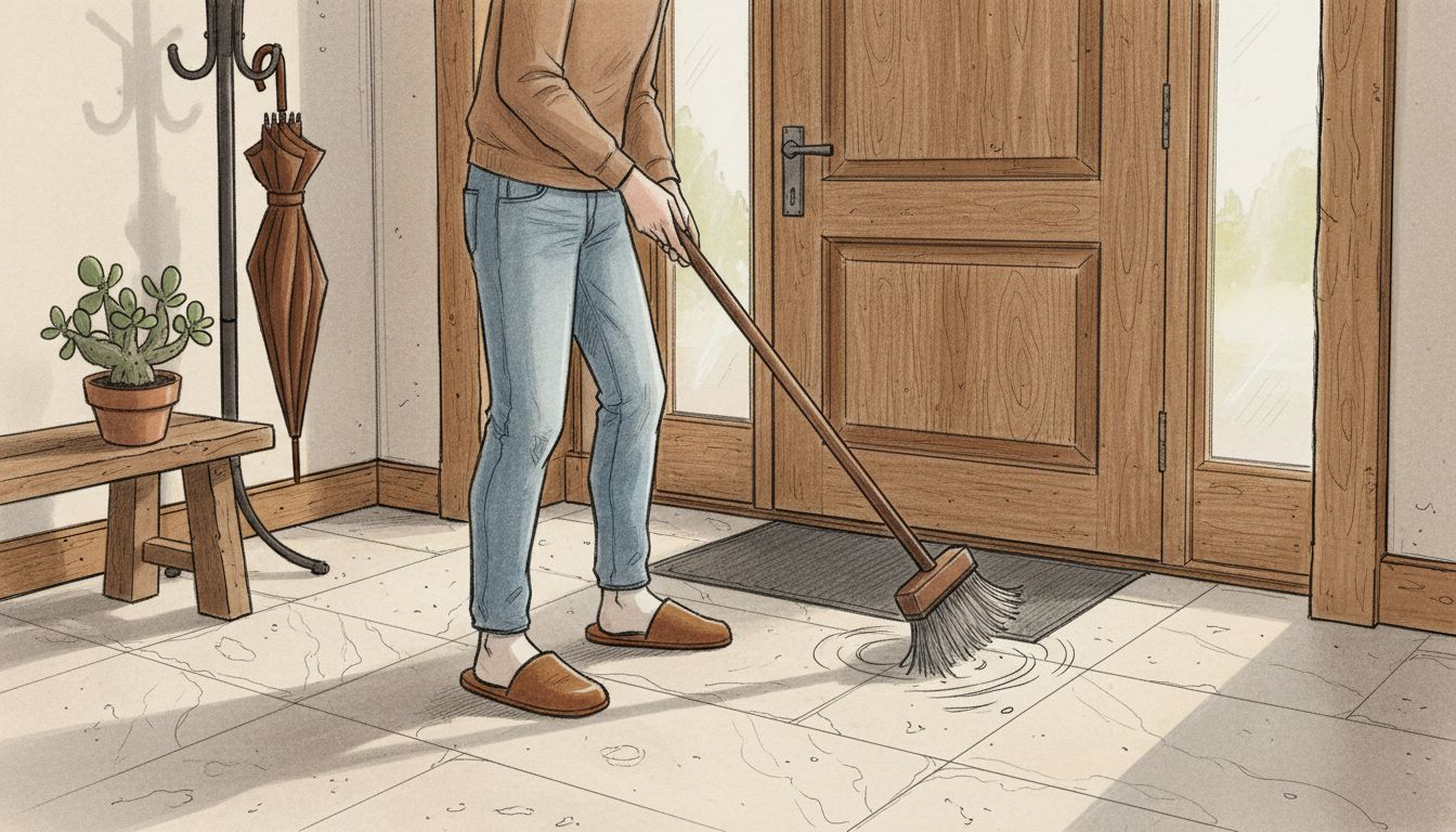 Homeowner sweeping limestone stone entryway
