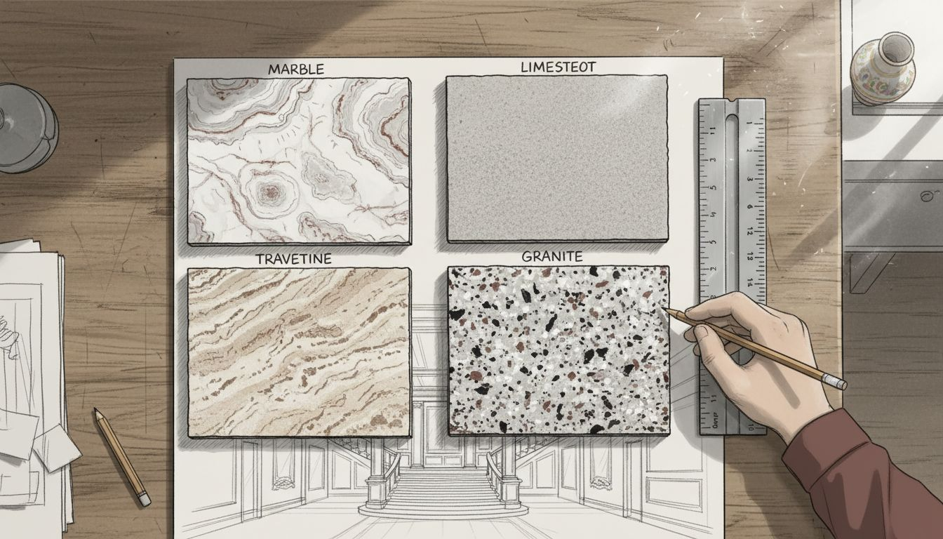 Stone tile varieties on artisan workbench