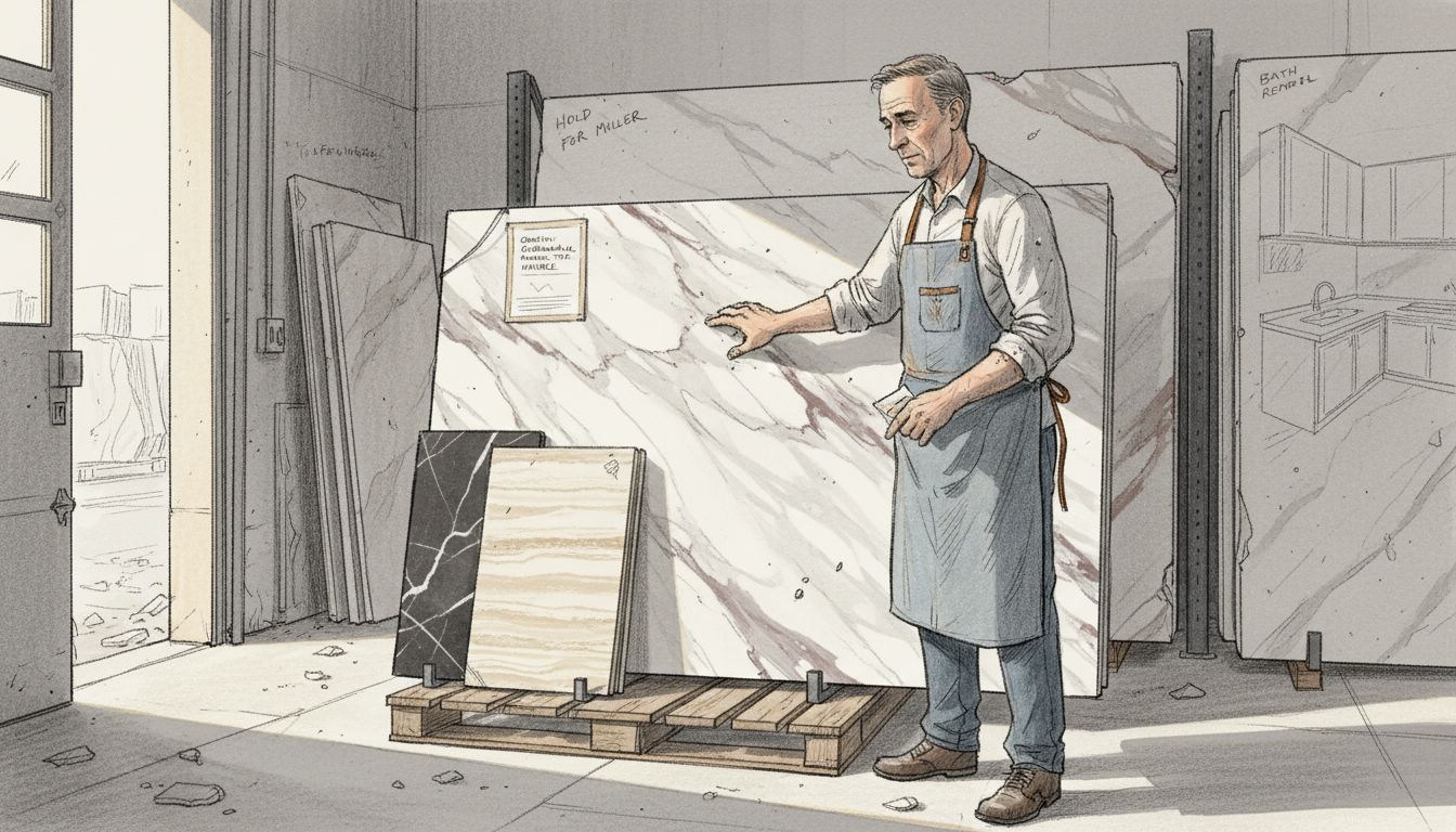 Craftsman inspecting colored marble slabs