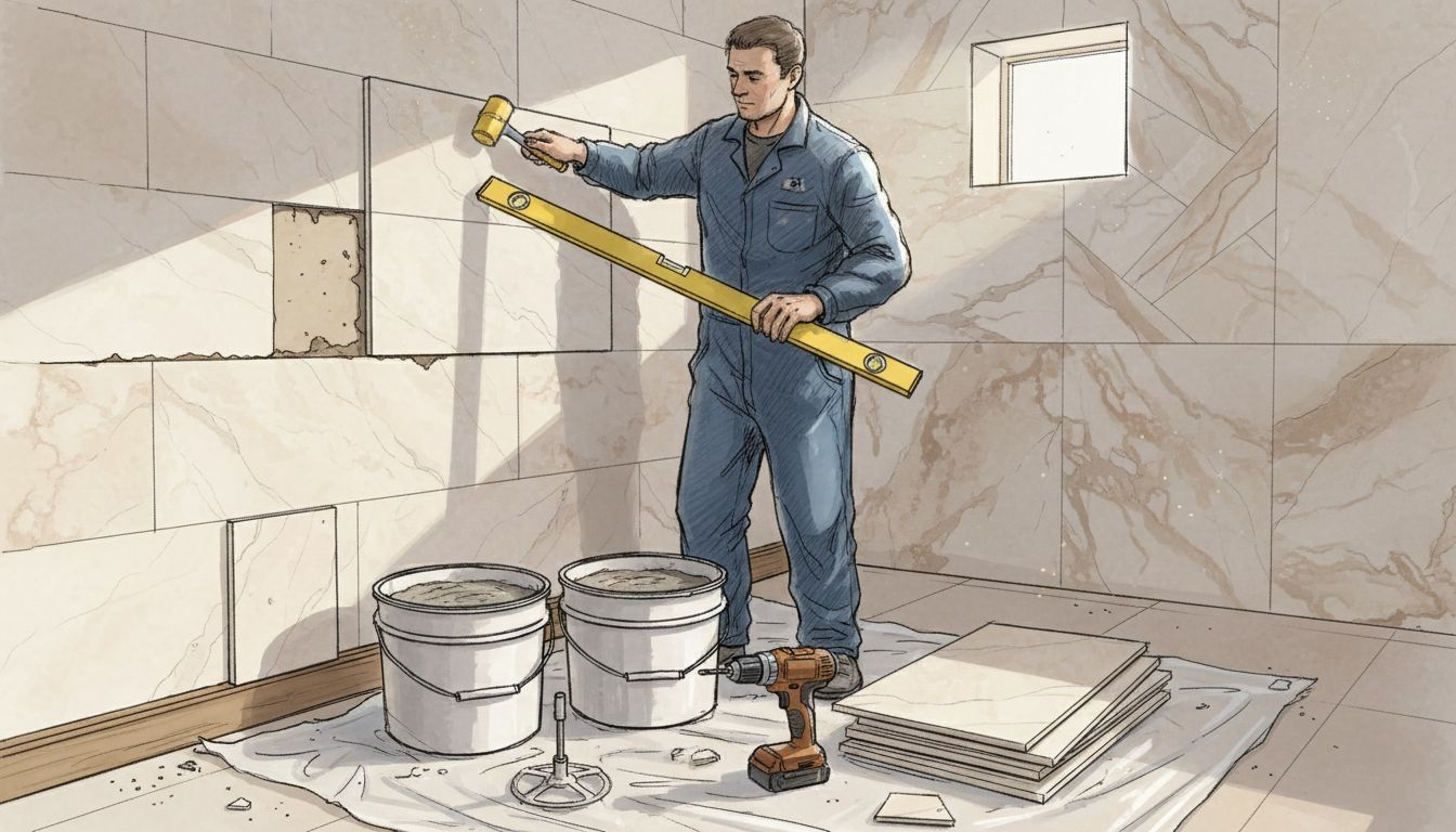 Tile setter leveling bathroom tiles