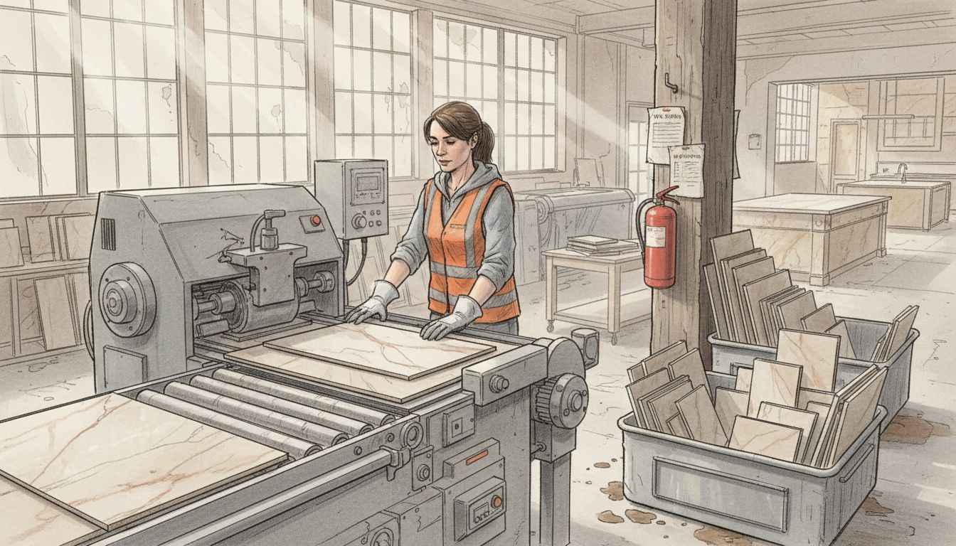 Worker calibrating marble tiles at machine