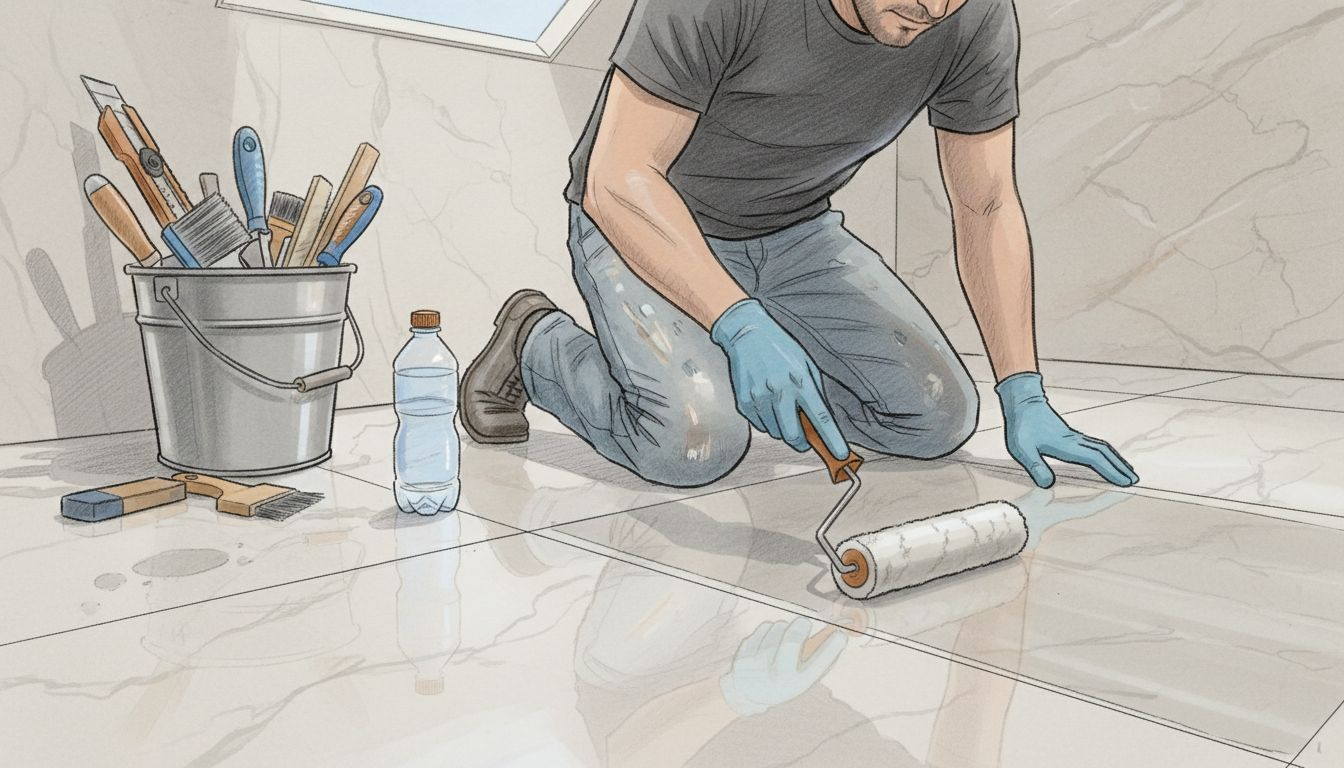 Installer sealing bathroom marble tile close-up