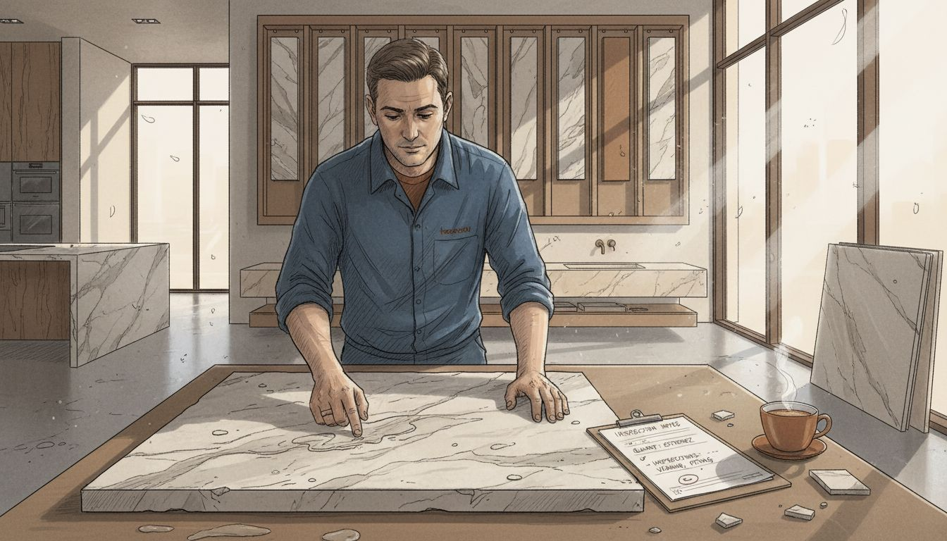 Stone specialist inspects dolomitic marble sample