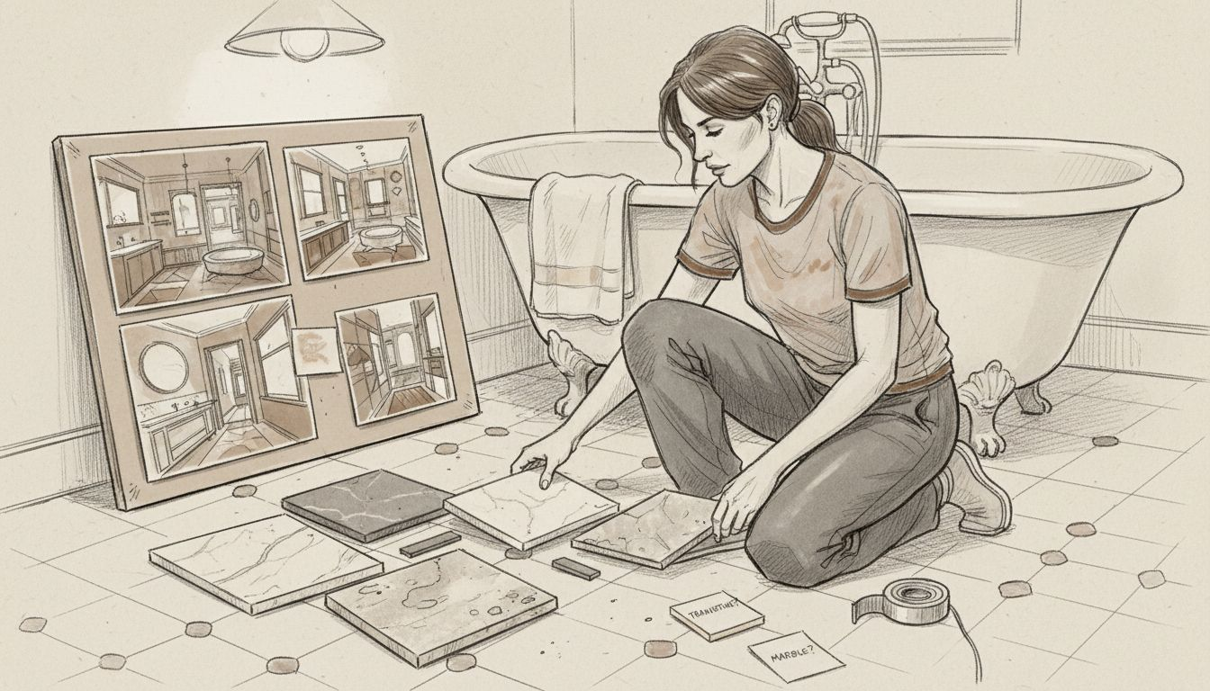 Woman checks stone samples amid bathroom lighting