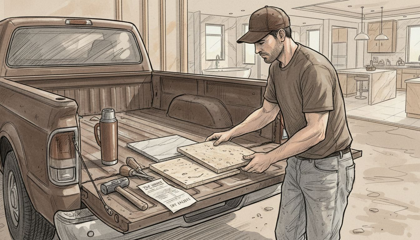 Contractor examining stone tile samples outdoors