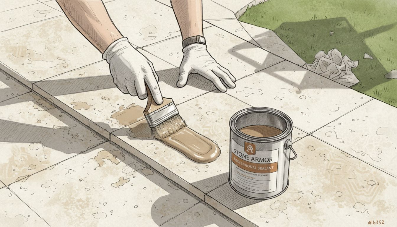 Hands sealing travertine pool deck closeup