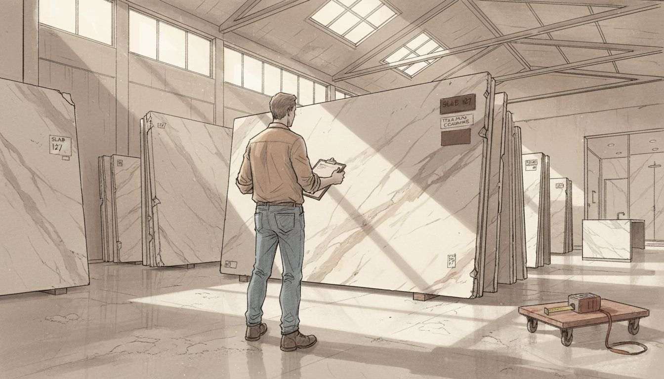 Architect examining Italian marble slabs in warehouse