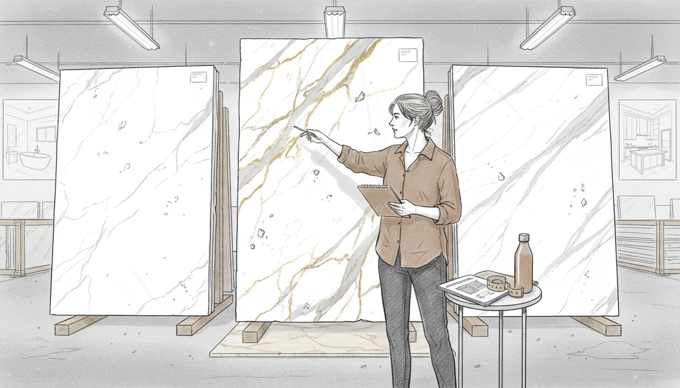 Designer comparing marble slab varieties