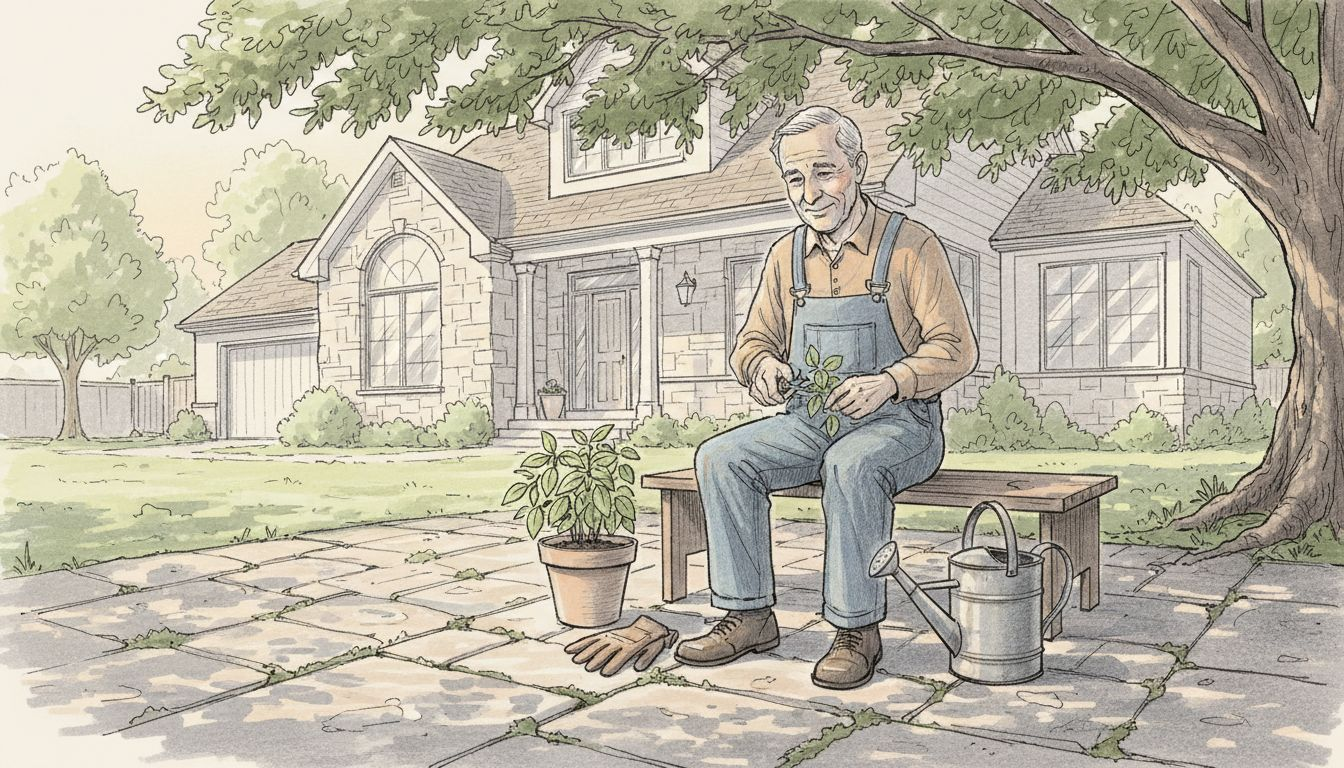 Man gardening on slate patio surface