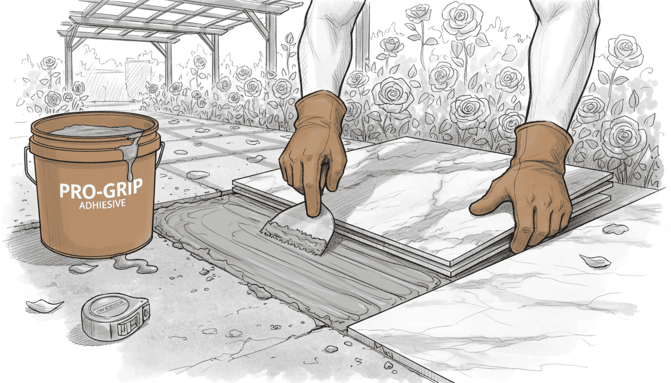 Hands applying mortar for marble tiles