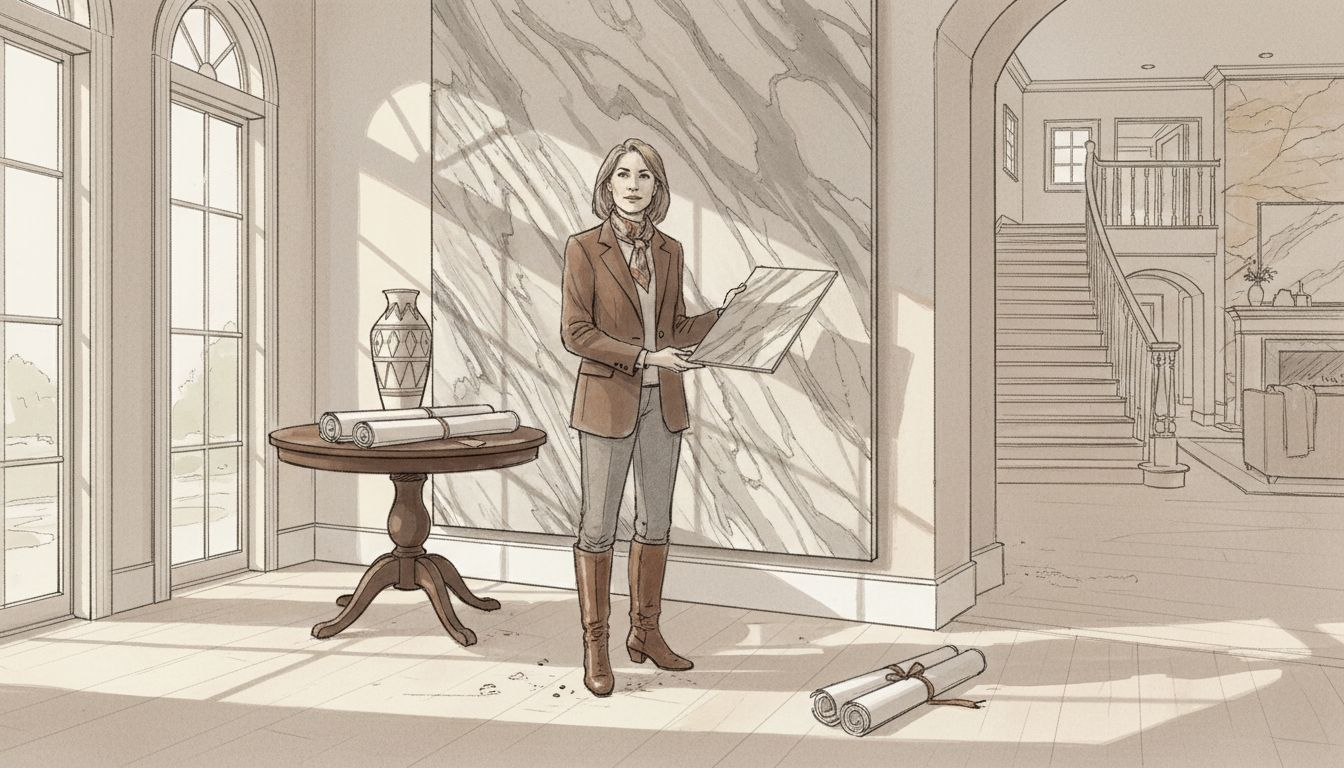 Designer inspects marble wall panel in foyer