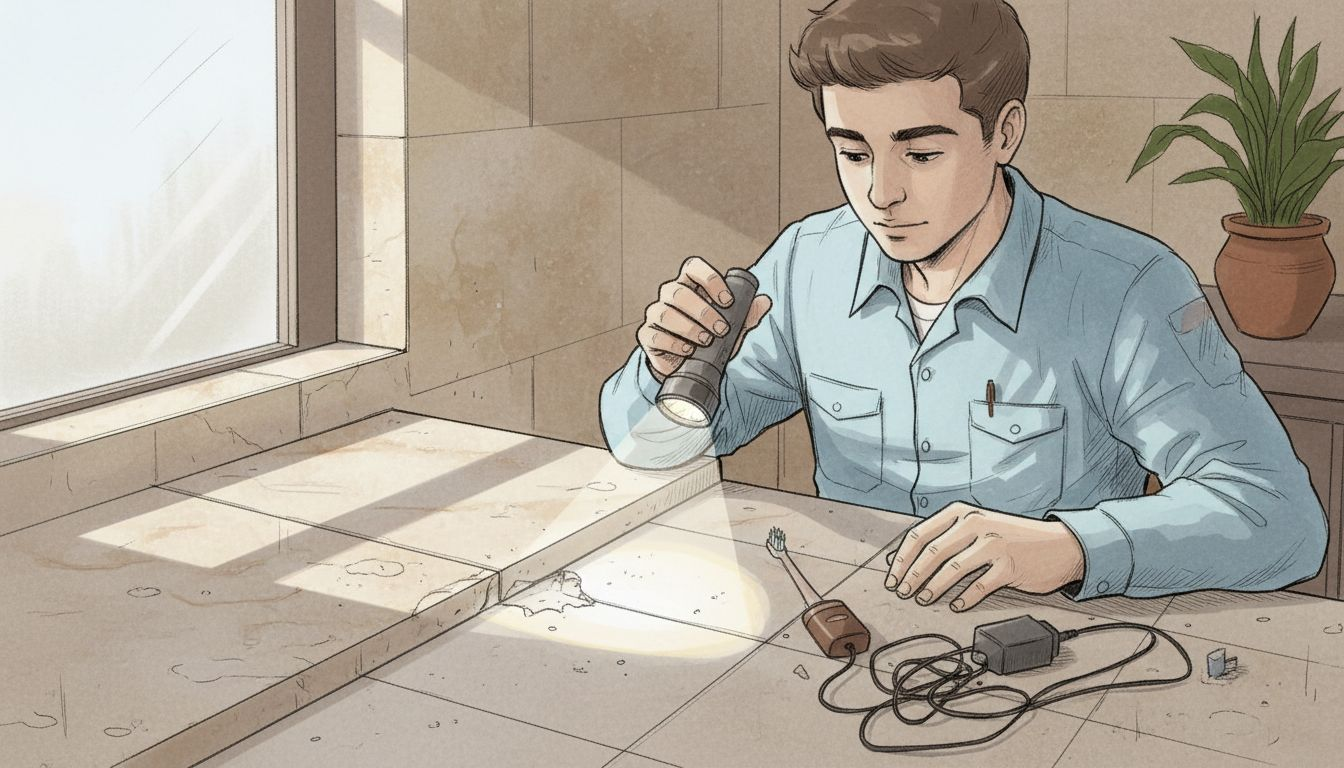 Worker compares chipped and bullnose tile edge