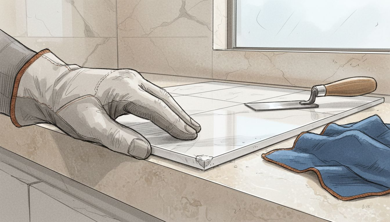 Closeup of beveled marble tile edge in bathroom