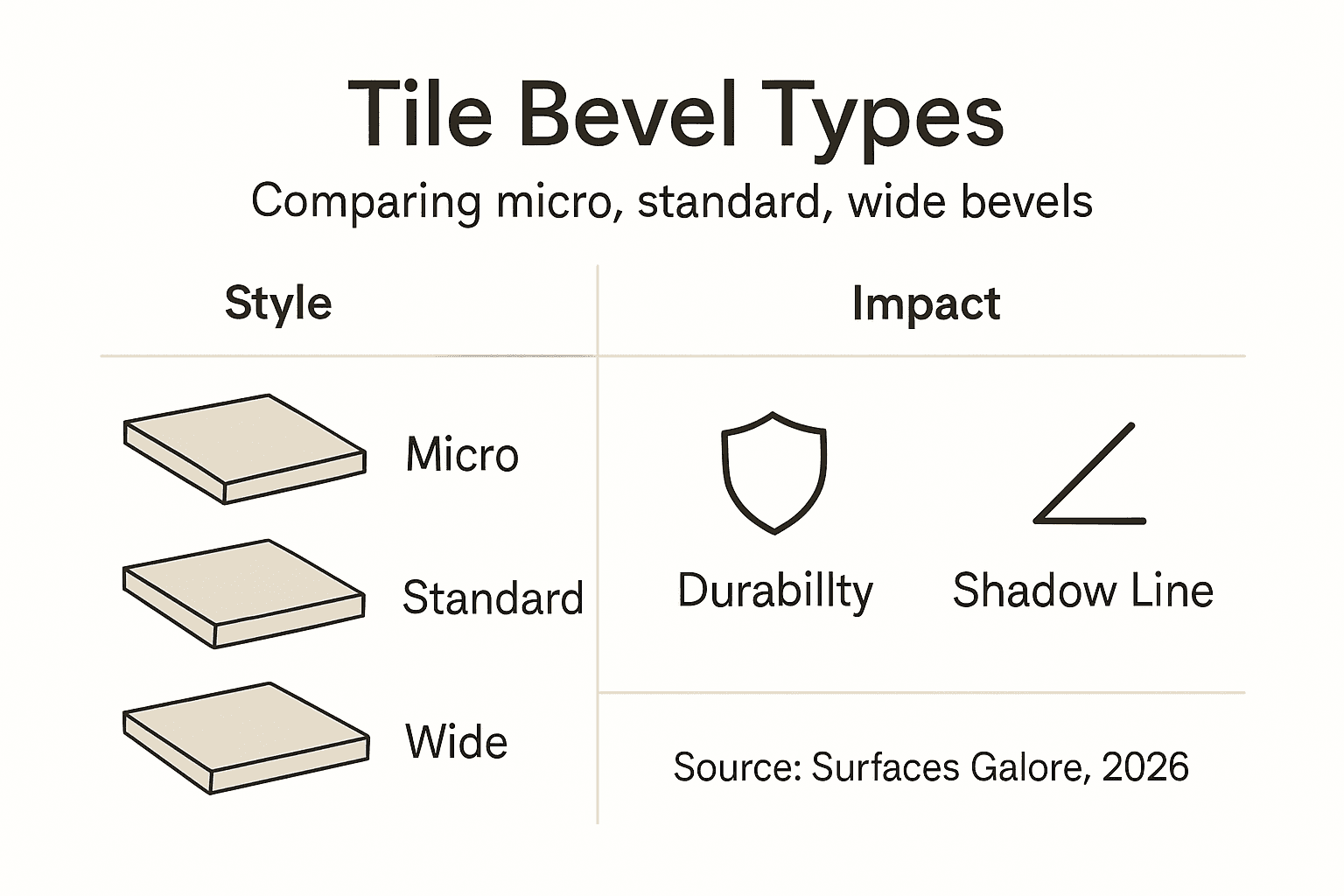 Infographic of marble tile bevel types and effects