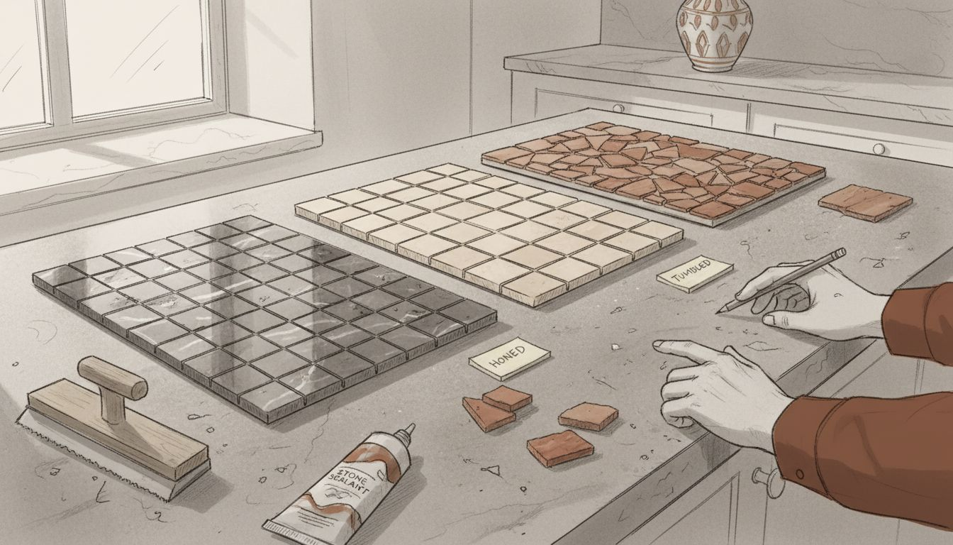 Closeup of stone mosaic finish samples