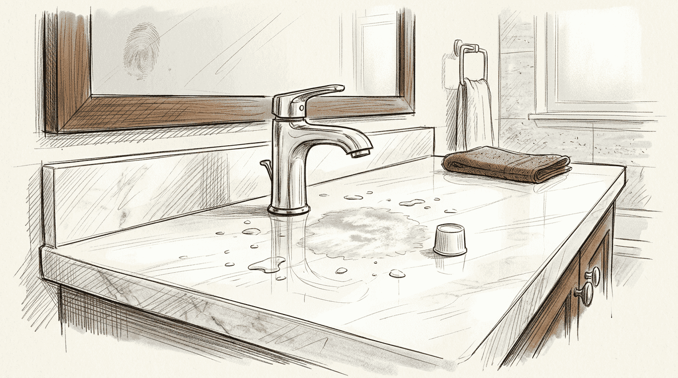 Cloudy etch mark on white marble near faucet