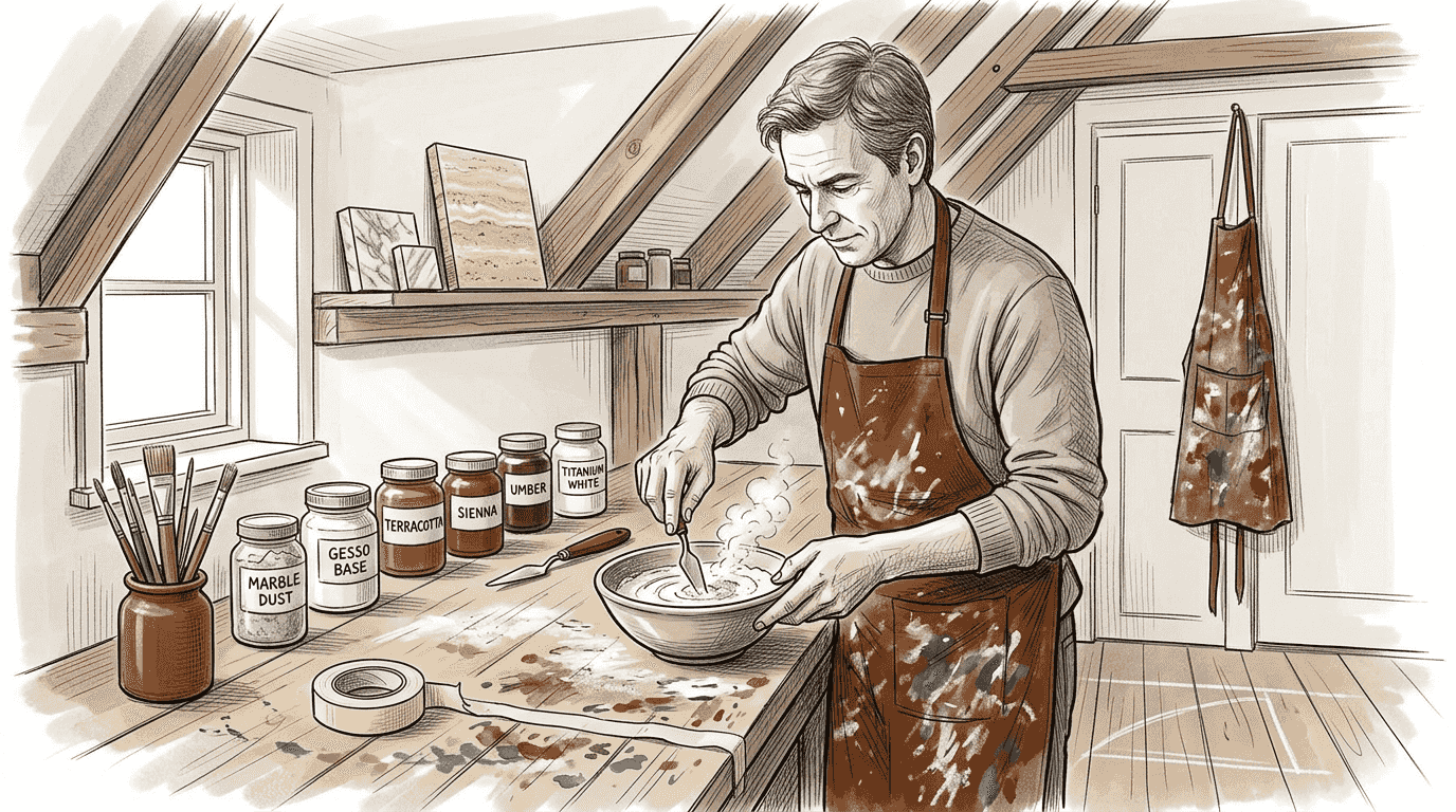 Artist mixing marble dust and gesso