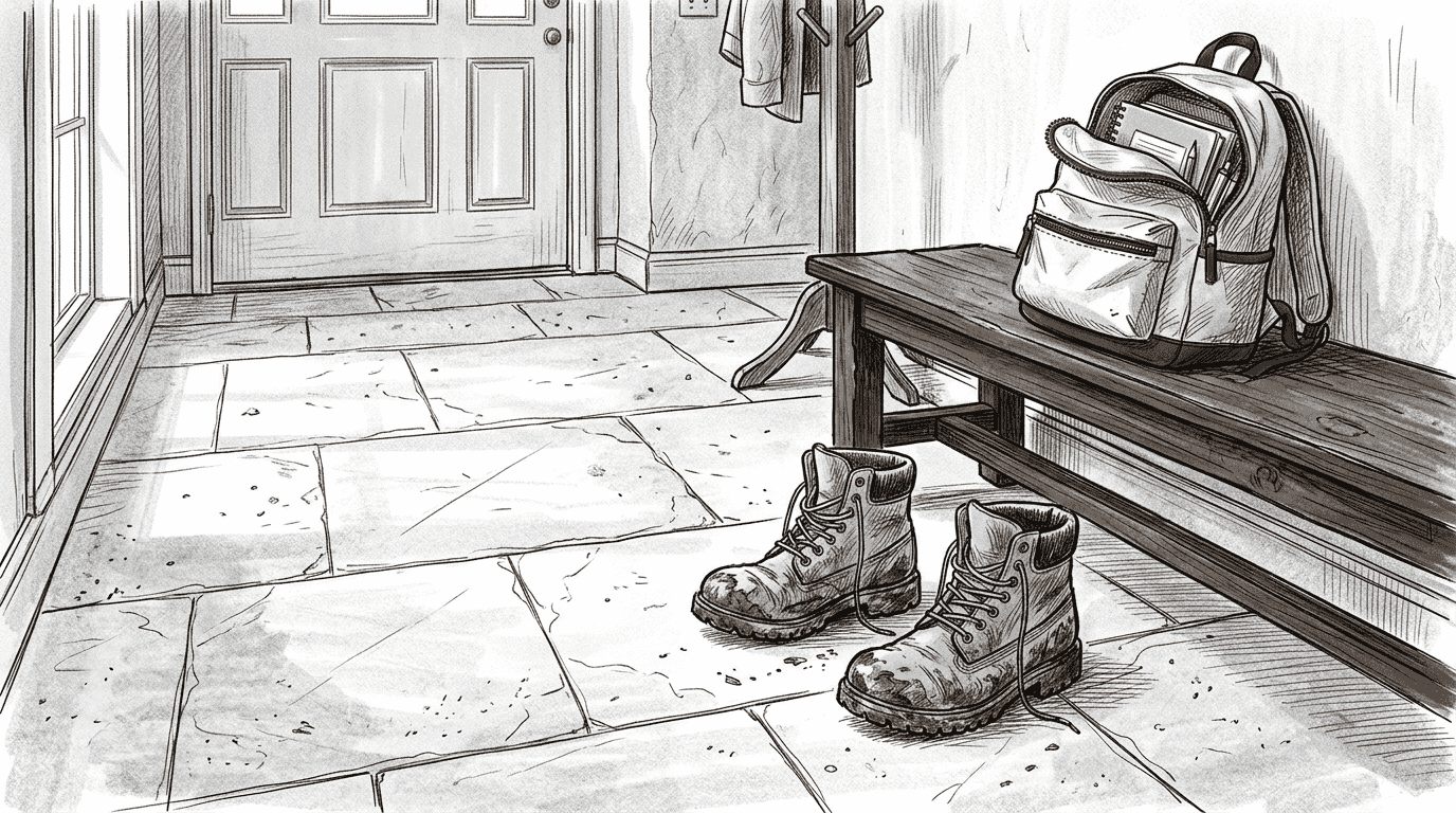 Antiqued marble entryway with boots and bench