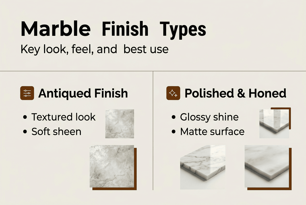 Infographic comparing antiqued, polished, honed marble