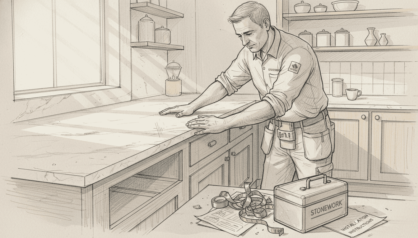 Installer checking thick marble countertop edge