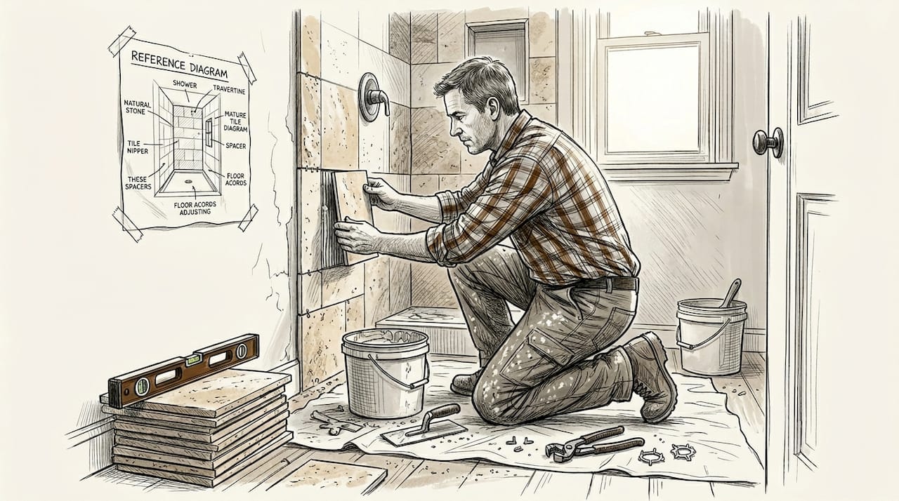 Tiler preparing bathroom shower wall surface