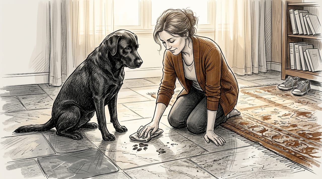 Woman cleans Labrador paw prints on granite