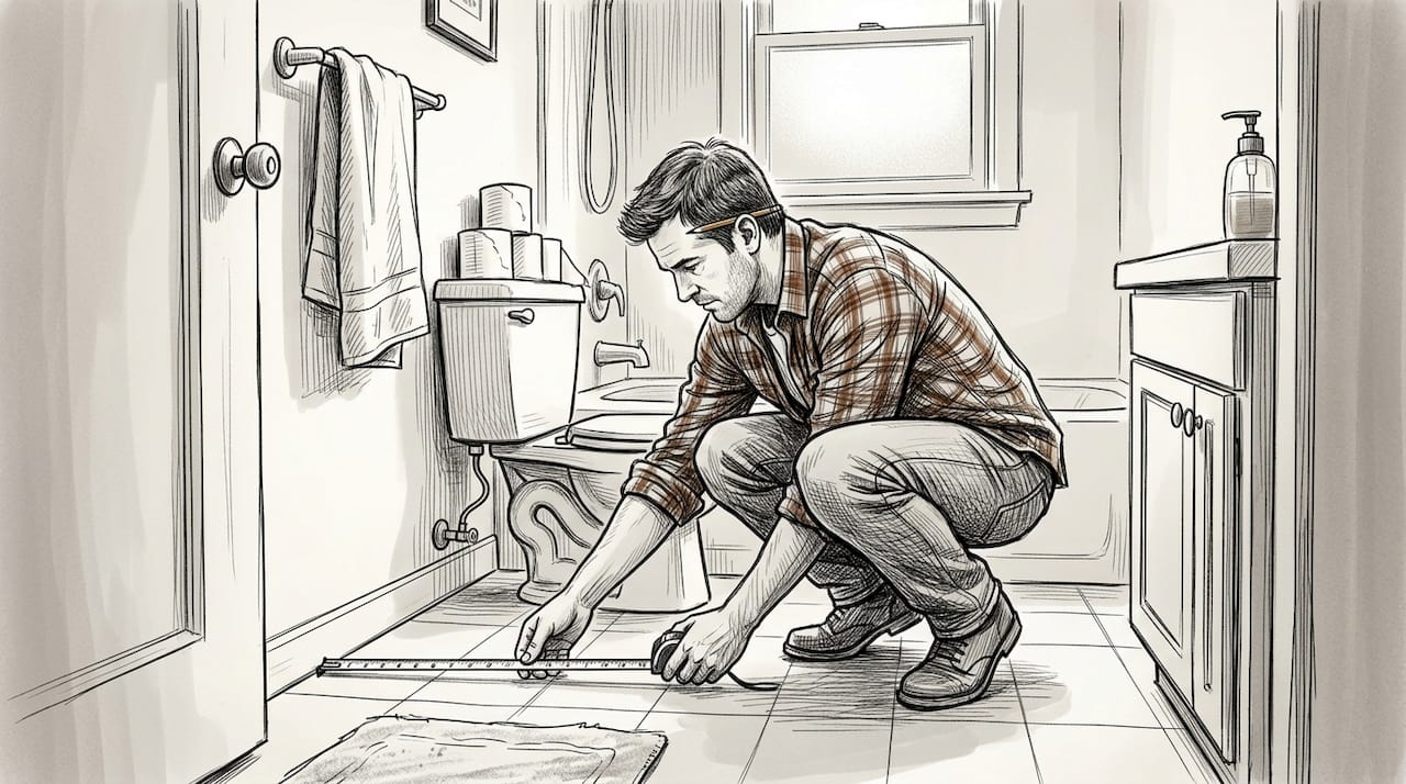 Man measuring bathroom floor for tile