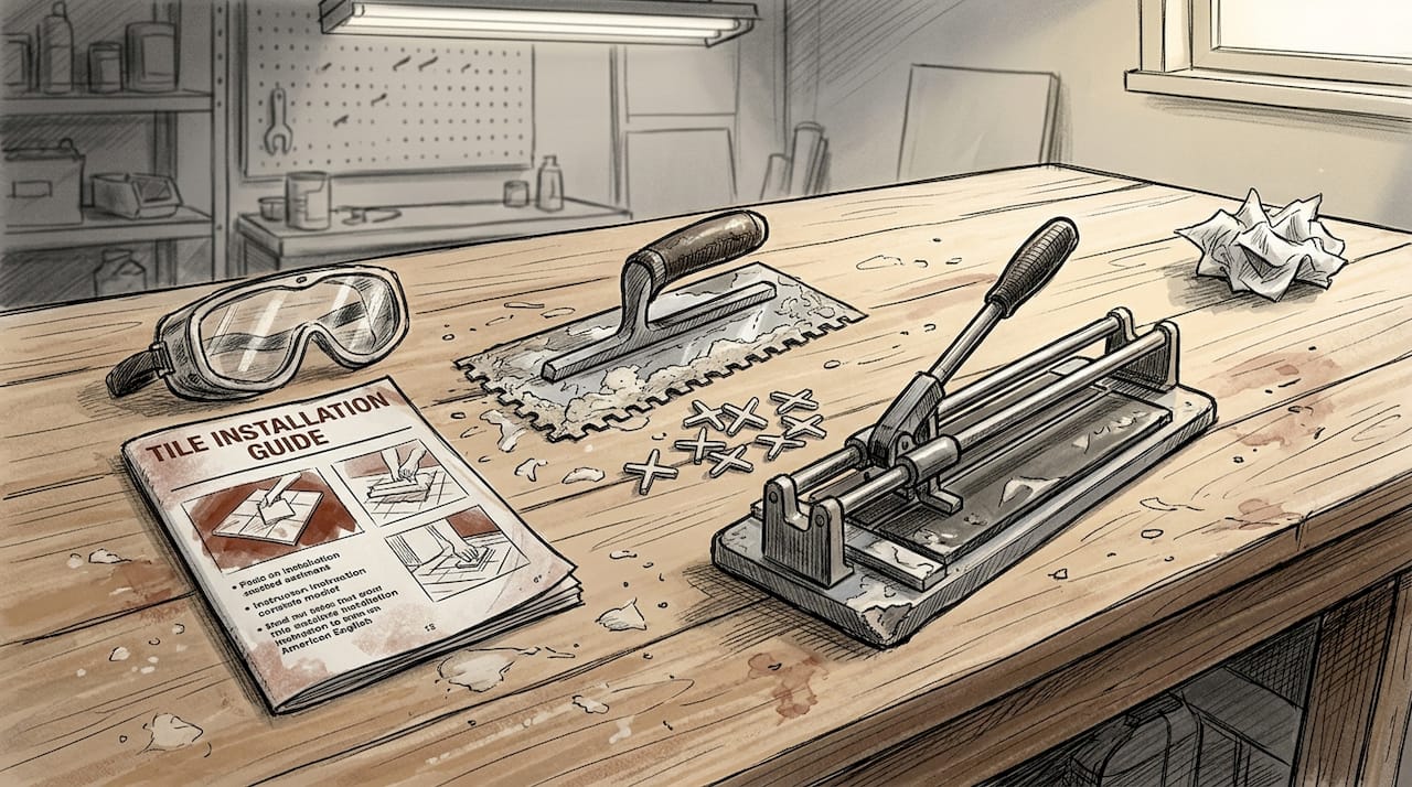 Tiling tools and materials on garage workbench