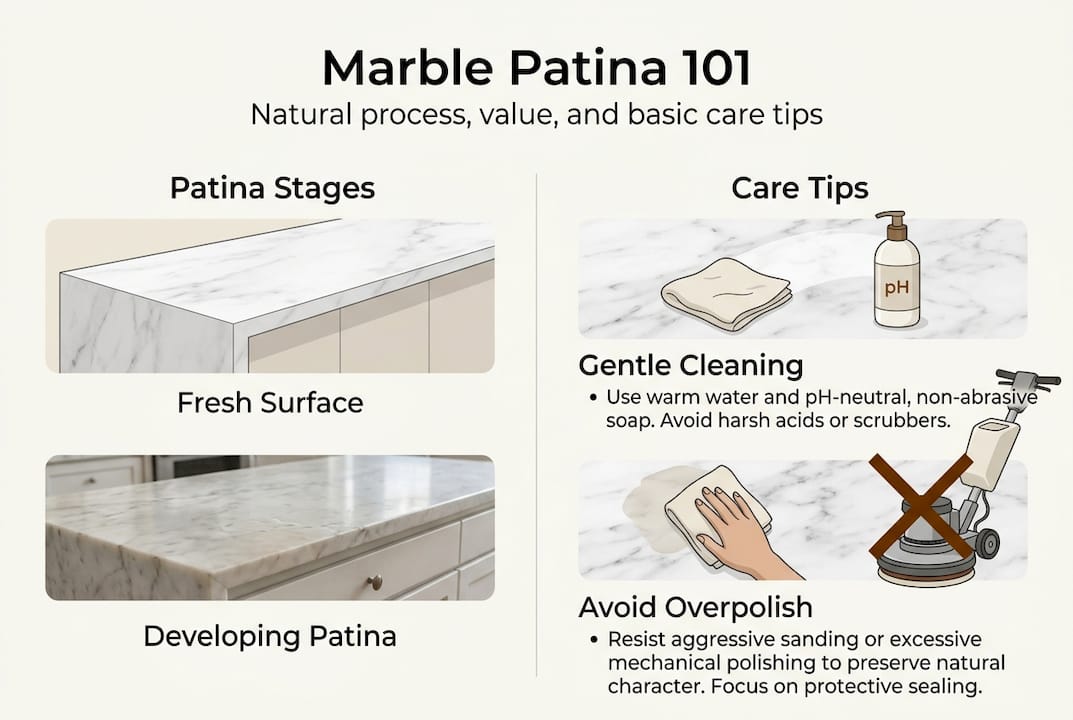 Infographic explaining marble patina and care tips