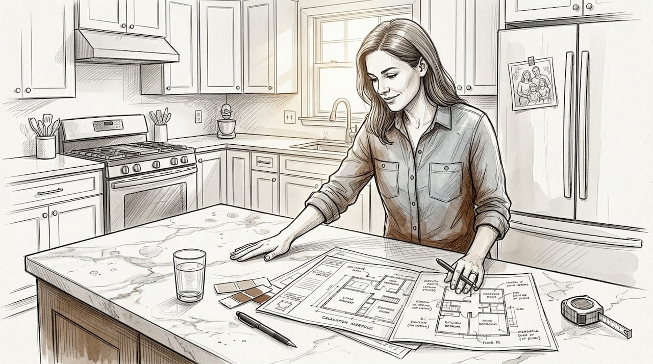 Designer reviewing Calacatta marble countertop