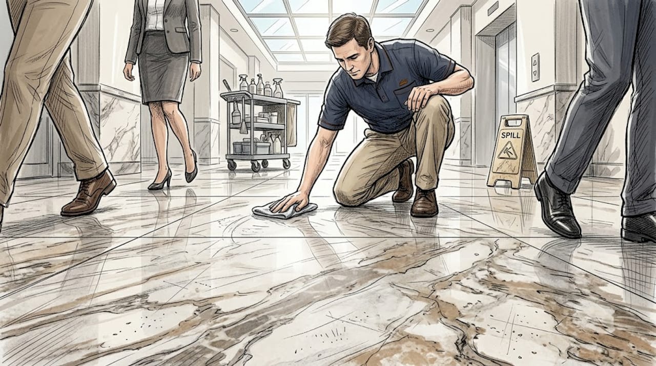 Custodian cleaning worn marble hallway floor